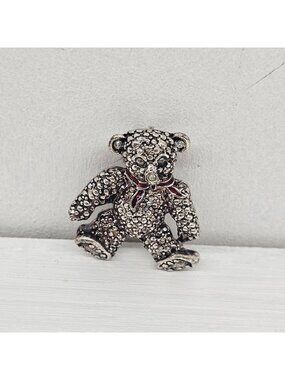 Vintage AAI Signed Teddy Bear Brooch  Textured Silver Tone Red...